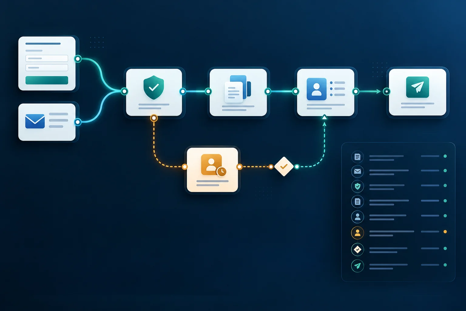 Diagram avtomatizacije z vhodnim obrazcem, preverjanjem, CRM zapisom in ločeno vejo za človeški pregled.